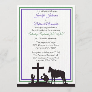 Praying Cowboy and Bride Purple and Green Wedding Invitation