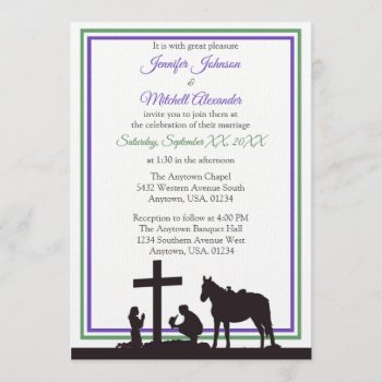 Praying Cowboy And Bride Purple And Green Wedding Invitation by csinvitations at Zazzle