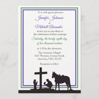 Praying Cowboy and Bride Purple Green Wedding Invitation