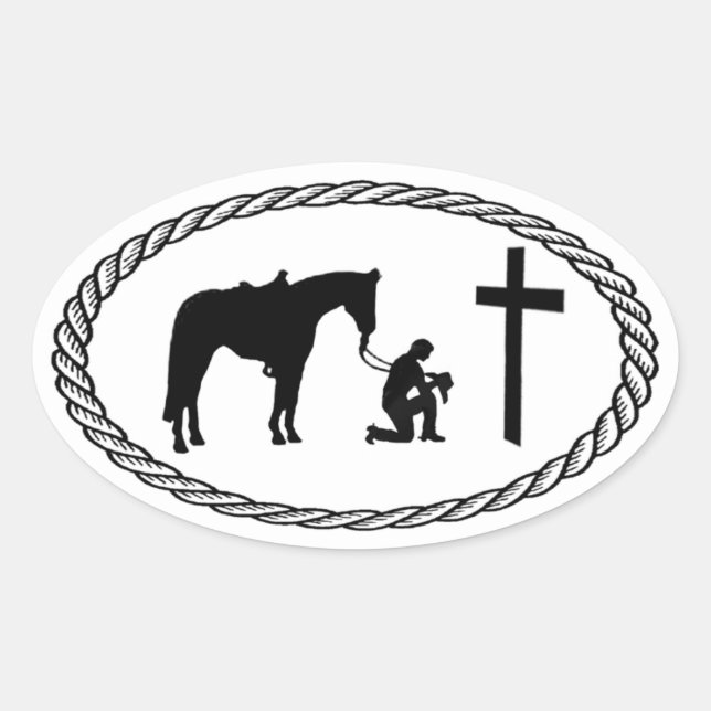 Praying Cowboy Cross Euro Style Oval Sticker (Front)
