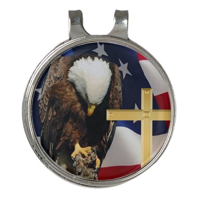 Praying Eagle American Flag Christian Cross golf Hat Clip (Front)