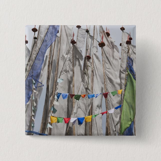 Praying flag poles in mountain, Yotongla Pass 2 Button (Front)