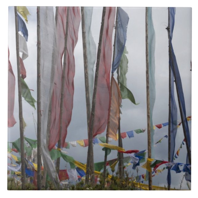 Praying flag poles in mountain, Yotongla Pass Ceramic Tile (Front)