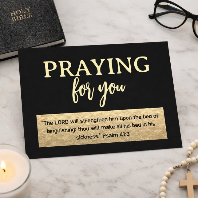 Praying For You Gold and Black Script Bible Verse Postcard (Creator Uploaded)