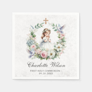 Praying Girl White Doves Floral First Communion Napkins