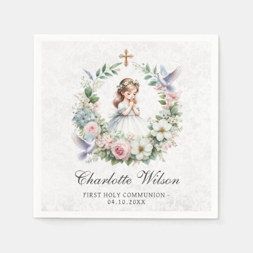 Praying Girl White Doves Floral First Communion