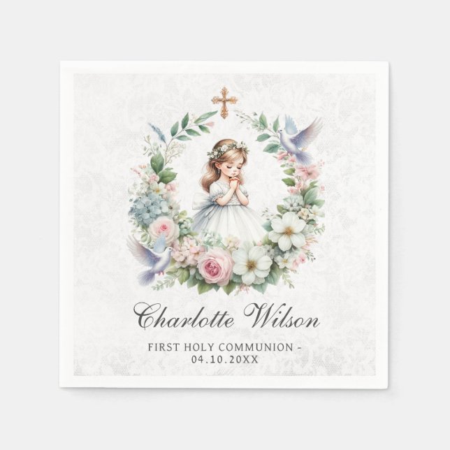 Praying Girl White Doves Floral First Communion Napkins (Front)
