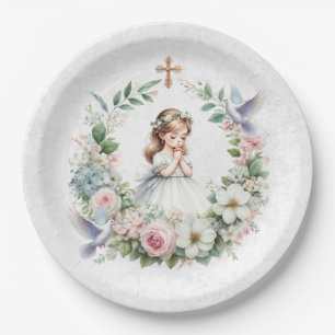 Praying Girl White Doves Floral First Communion Paper Plates