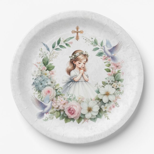 Praying Girl White Doves Floral First Communion Paper Plates (Front)