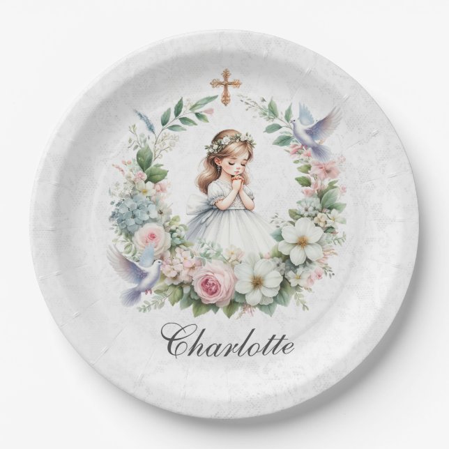 Praying Girl White Doves Floral First Communion Paper Plates (Front)