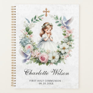 Praying Girl White Doves Floral First Communion Planner