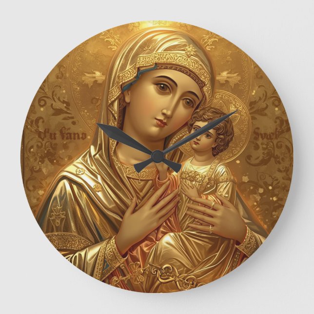 Praying Gold Virgin Mary Icon Large Clock (Front)