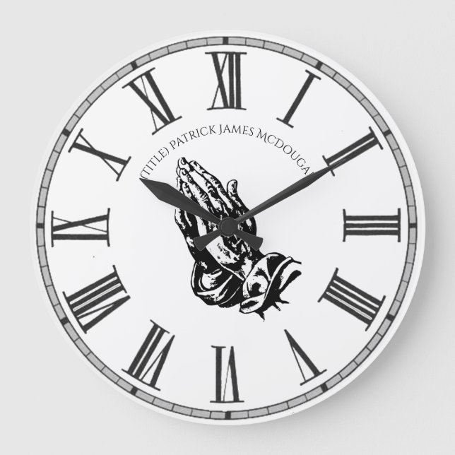 Praying Hands BlackWhite Personalized Church Faith Large Clock (Front)