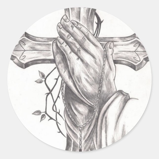 Praying Hands & Cross Classic Round Sticker (Front)