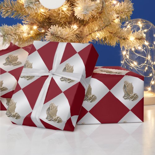 Praying hands religious faux silver maroon wrapping paper
