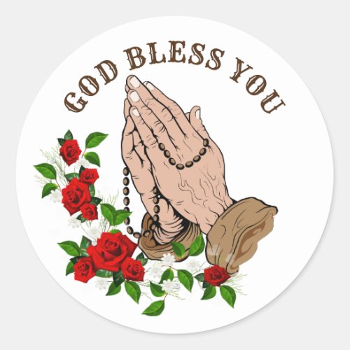 Praying Hands Rosary Red Roses God Bless You Classic Round Sticker