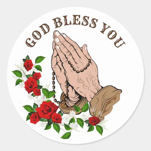 Praying Hands Rosary Red Roses God Bless You Classic Round