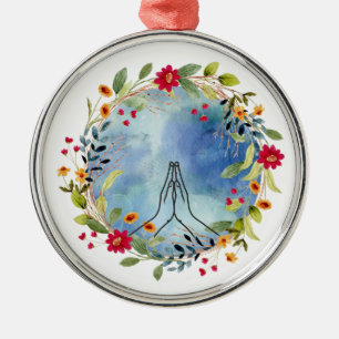 Praying hands watercolor metal ornament