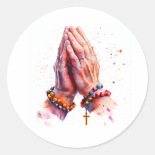 Praying Hands with Rosary Cross Catholic Religious Classic Round Sticker