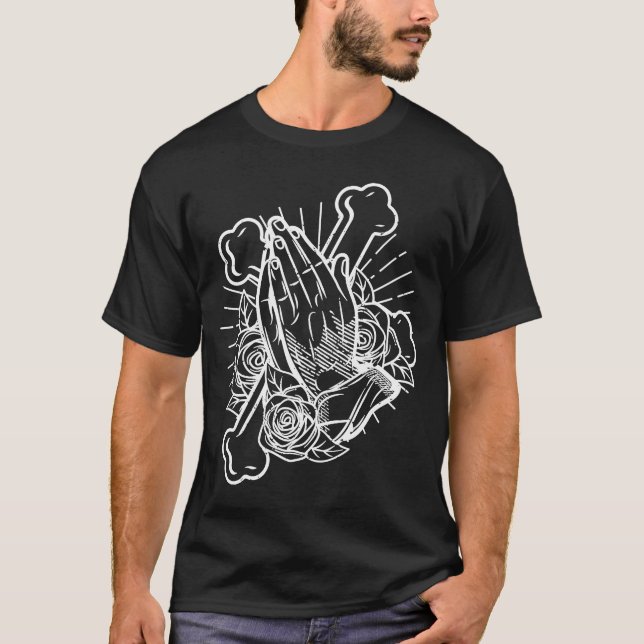 Praying hands with roses and cross T-Shirt (Front)