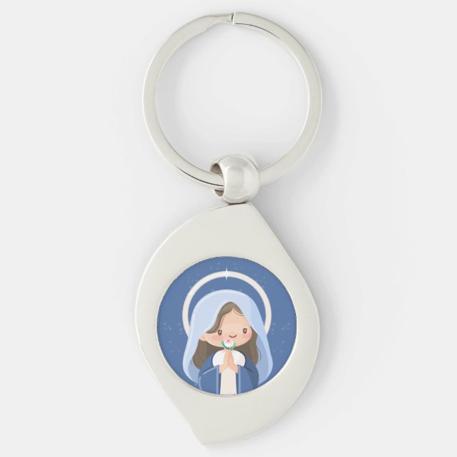 Praying Kawaii Virgin Mary with Flower – Navy Keychain (Front)