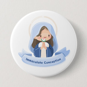 Praying Kawaii Virgin Mary with Flower – White Button