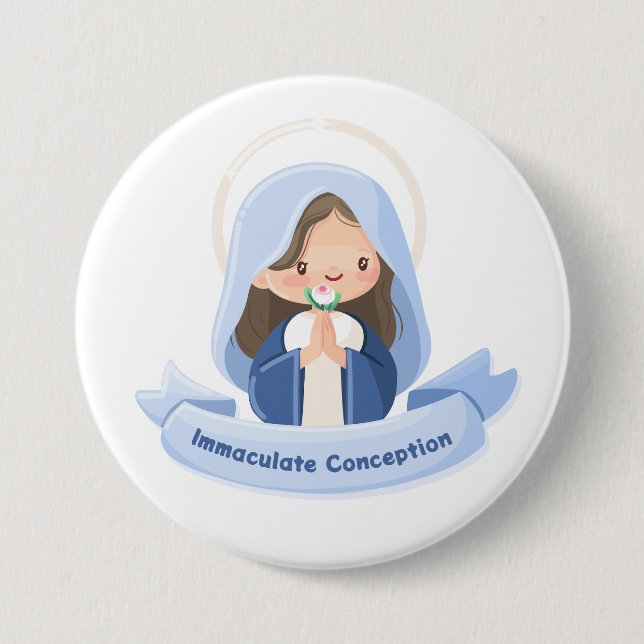 Praying Kawaii Virgin Mary with Flower – White Button (Front)