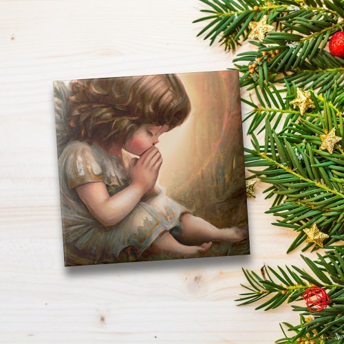 Praying Little Girl Angel Radiant Light Halo Ceramic Tile