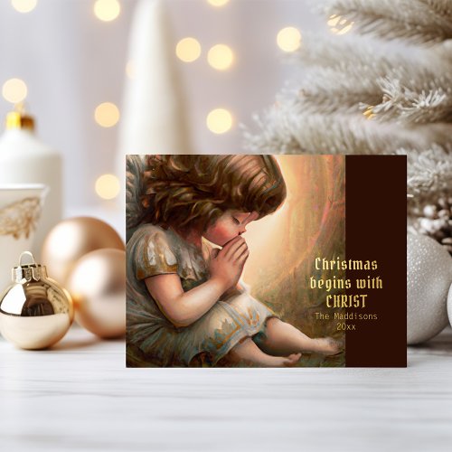 Praying Little Girl Angel Radiant Light Halo Foil Holiday Postcard