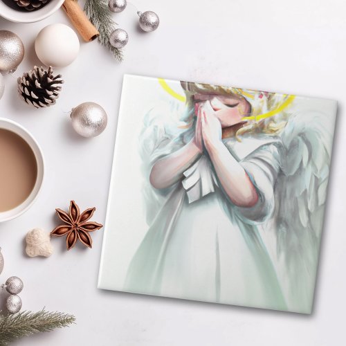Praying Little Girl Angel with Wings Ceramic Tile