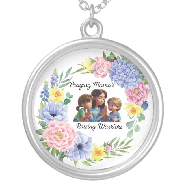  Praying mama Christian Mother's Day floral Silver Plated Necklace (Front)