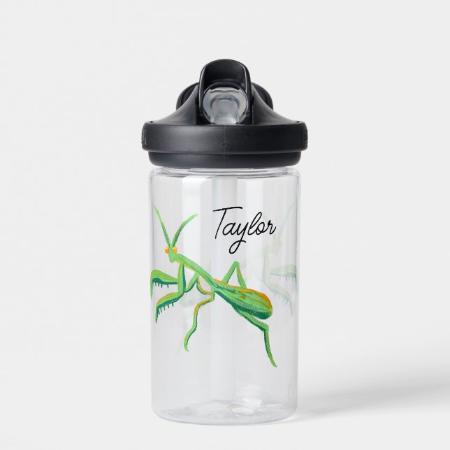 Praying Mantis in Bright Green Personalized Water Bottle (Front)