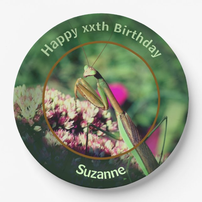 Praying Mantis Nature Personalized Birthday Party Paper Plates (Front)