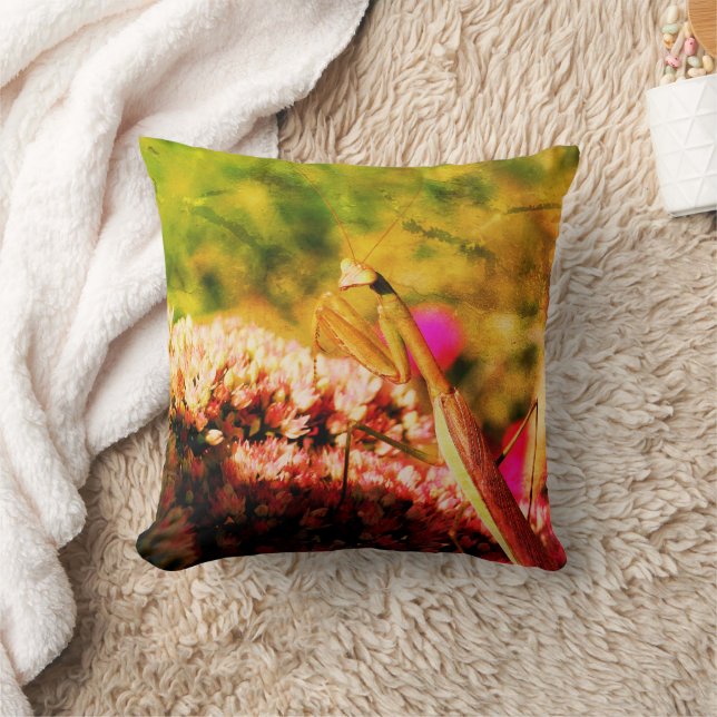 Praying Mantis On Sedum Flower Art  Throw Pillow (Blanket)