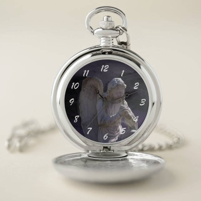 Praying Peaceful White Stone Angel Purple Pocket Watch (Inside)