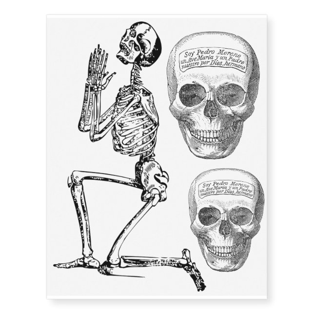 Praying Skeleton, Creepy Skull Temporary Tattoos (Front)
