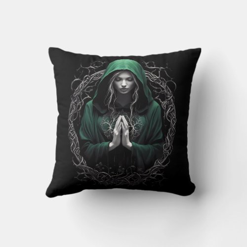 Praying  Spirituality figure in a hoodie in Green Throw Pillow