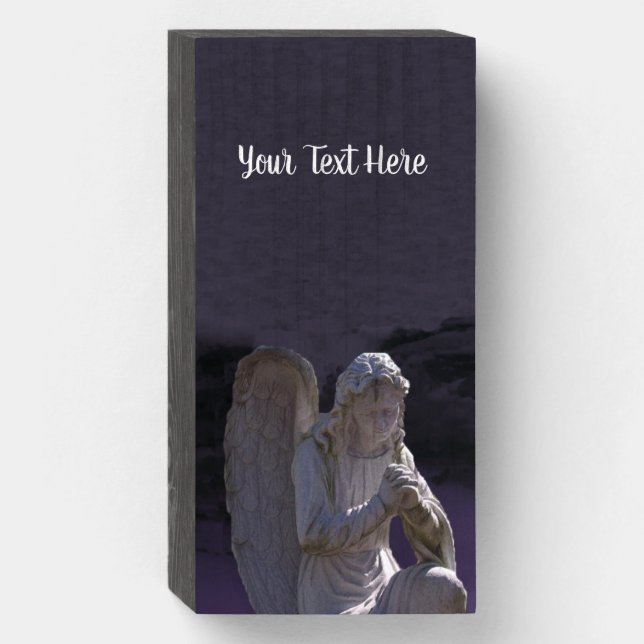 Praying White Stone Christian Angel Statue Purple Wooden Box Sign (Front Vertical)