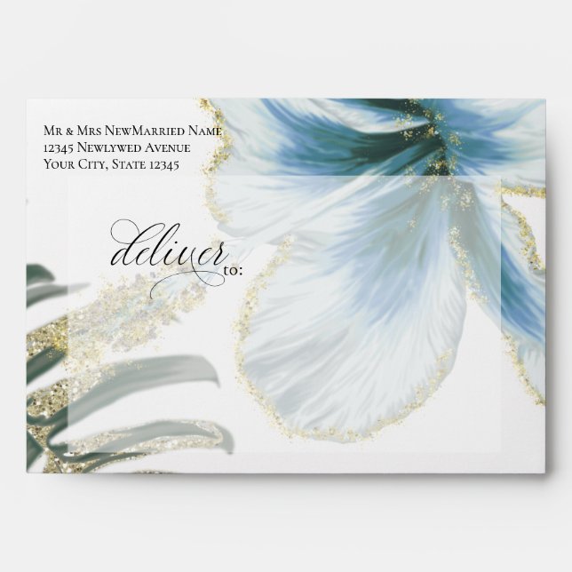Pre-Addressed Tropical Dusty Blue Flower Envelope (Front)