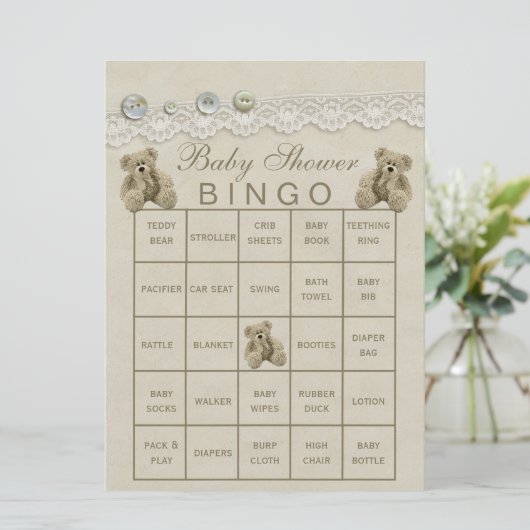 Pre Filled Customizable Teddy Baby Shower Bingo (Standing Front)
