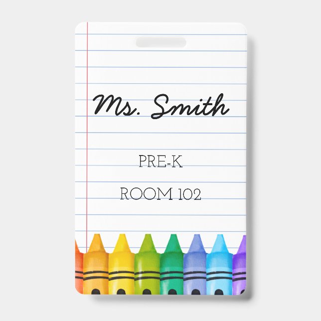 Pre-K Daycare Teacher Badge with Primary Crayons (Front)