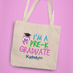 Pre-K Graduate Cute Pink Owl Custom Graduation Tote Bag<br><div class="desc">A cool personalized preschool graduation tote bag for a little girl graduating from Pre-K and moving on to kindergarten. It features a cute pink owl wearing a graduation cap and carrying a scroll next to a fun font in pretty blue,  green,  and pink.</div>