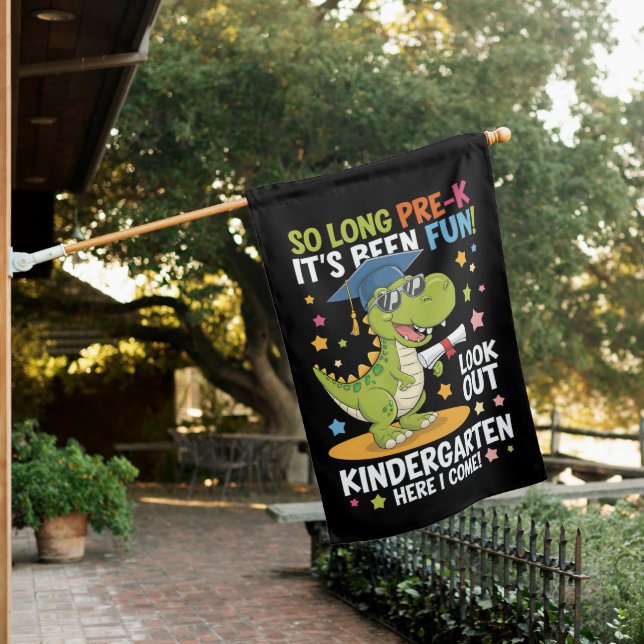 Pre K Graduate Kindergarten Dinosaur T Rex House Flag (In SItu)