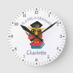 Pre K Graduate Kindergarten Girls Owl Grad Round Clock