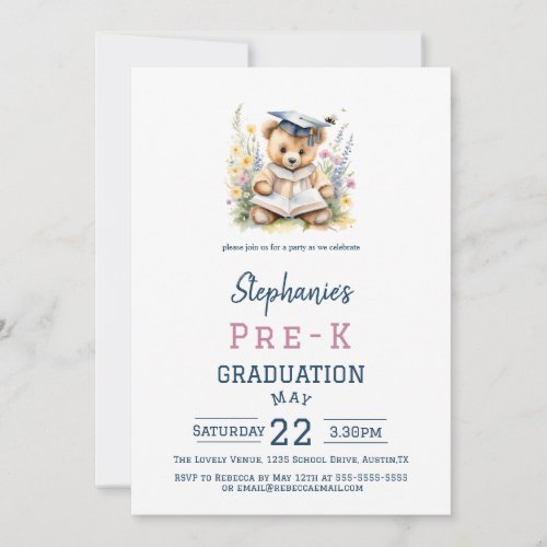 Pre_K Graduation Party Cute Teddy Bear  Flowers Invitation
