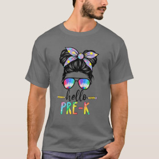 Pre K Messy Bun Team Hello Pre-K Rocks Squad Teach T-Shirt