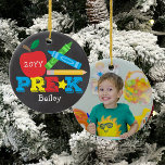 Pre-K Preschool Apple Crayons Chalkboard Photo Ceramic Ornament<br><div class="desc">Pre-K photo ornament design features an apple, a pencil, colorful crayons and bold, fun typography! Click the customize button for more options for modifying the text! Variations of this design, additional colors, as well as coordinating products are available in our shop, zazzle.com/store/doodlelulu. Contact us if you need this design applied...</div>