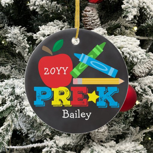 Pre-K Preschool Keepsake Apple Crayon Pencil Photo Ceramic Ornament