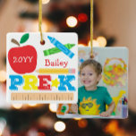 Pre-K Preschool Keepsake Apple Crayon Pencil Photo Ceramic Ornament<br><div class="desc">Pre-K photo ornament design features an apple, a ruler, crayons and bold, colorful fun typography! Click the customize button for more options for modifying the text! Variations of this design, additional colors, as well as coordinating products are available in our shop, zazzle.com/store/doodlelulu. Contact us if you need this design applied...</div>