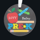 Pre-K Preschool Keepsake Chalkboard Colorful Ornament<br><div class="desc">This Pre-K ornament features an apple, a ruler, crayons and bold, colorful fun typography! Click the customize button for more options for modifying the text! Variations of this design, additional colors, as well as coordinating products are available in our shop, zazzle.com/store/doodlelulu. Contact us if you need this design applied to...</div>